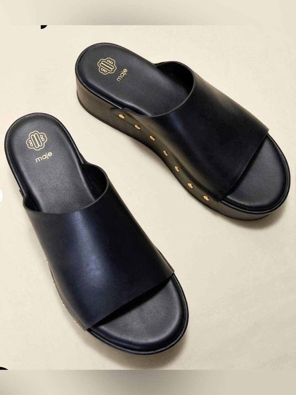 Maje Black Leather Platform Wedge Sandals with Gold Maje Rivets. Sz 37